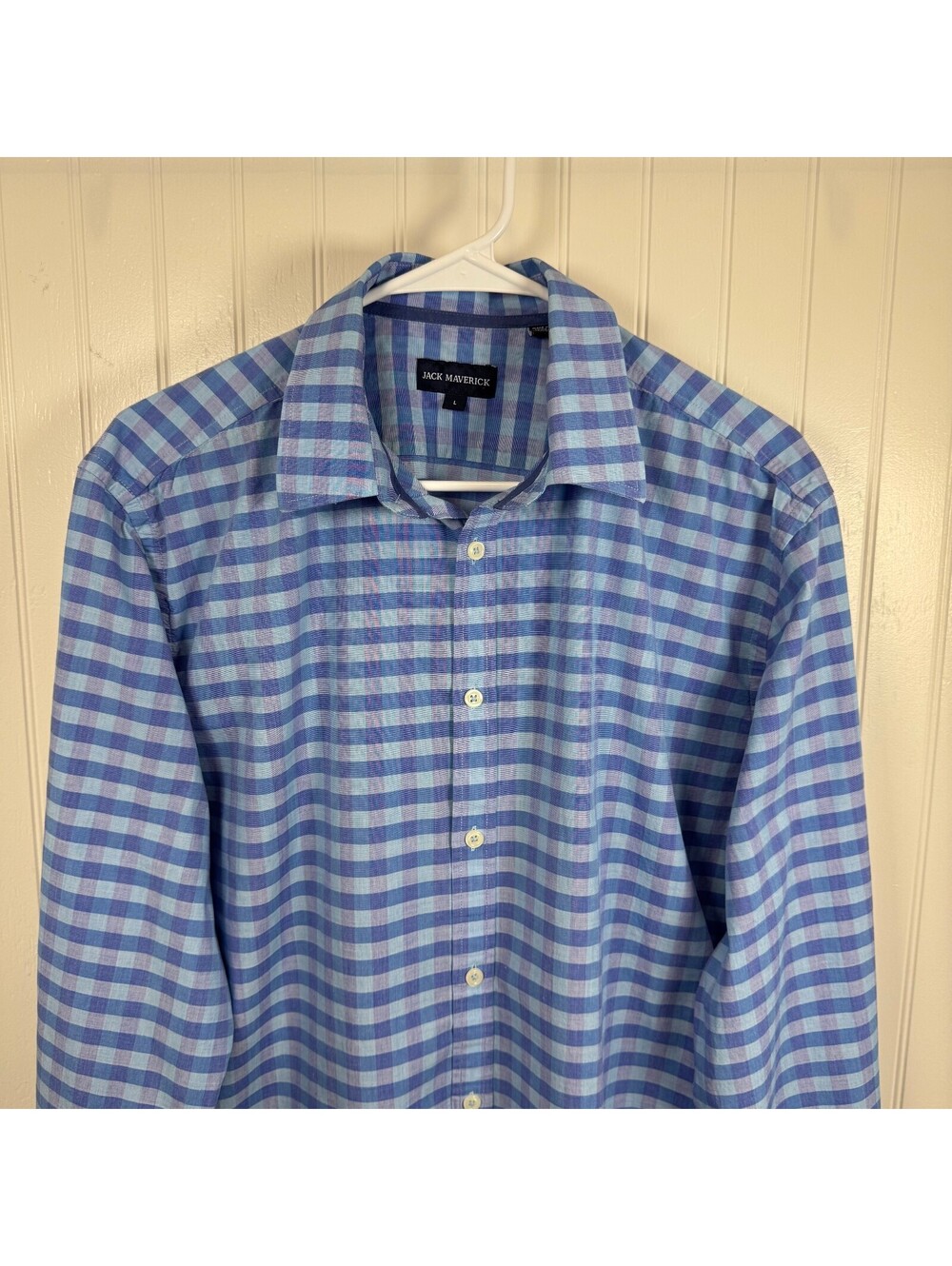 Jack Maverick Shirt Mens L Slim Fit Blue Plaid Gingham 100% Cotton Button Up